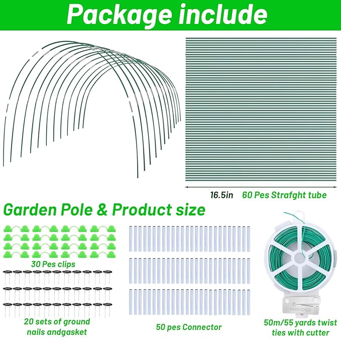 161 PCS Greenhouse Hoops for DIY Grow Tunnel 12 Sets of 7 FT Long Garden Hoops Kit Support Hoops Frame for Garden Netting Raised Bed Plant Row Cover DIY Plant Support Garden Stakes