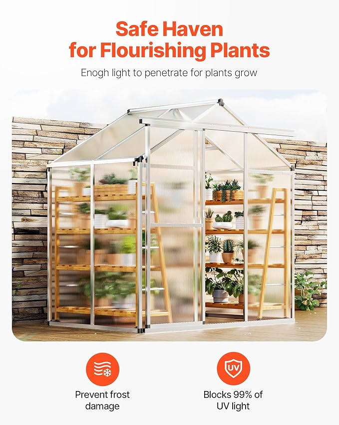 VEVOR Polycarbonate Greenhouse 6 x 4 Ft Outdoor Greenhouse with Adjustable Vent Windows Pavilion Styled Green House with Sliding Door Aluminum Large Walk-in Greenhouses Kit for Garden Backyard