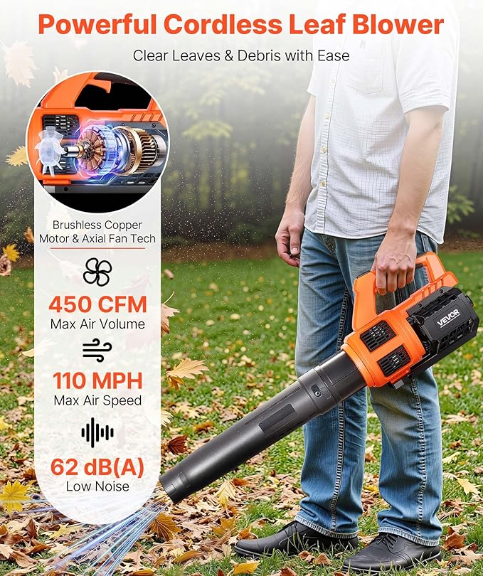 VEVOR 20V Cordless Leaf Blower with Brushless Motor 450 CFM/110 MPH Battery Powered Electric Leaf Blowers for Lawn Care with 2.0Ah Battery and Fast Charger