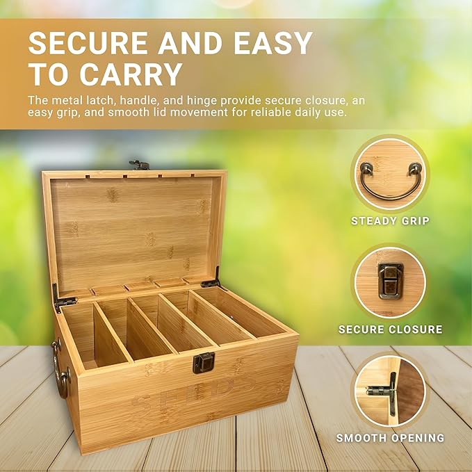 Bamboo Garden Seed Storage Organizer Box Wooden Seed Box with Removable Dividers Metal Handle and Latch Seed Keeper Organizer for Garden Seed Packets and Storage (10.59 x 7 x 5.12 in)
