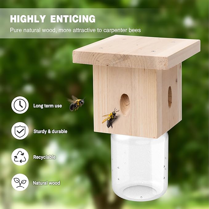 2 PCS Wood Carpenter Bee Trap for Outside - Best Bee Trap - Nature Hanging Carpenter Bee Traps Plastic Jar Outdoor - Insect Traps