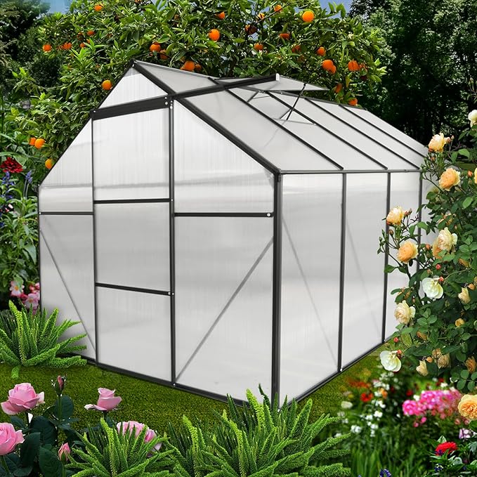 6x10 FT Polycarbonate GreenhouseHeavy Duty Walk-in Garden Plants Green HouseAdjustable RoofRaised Base and Sliding Door for Outdoor BackyardEasy to InstallBlack