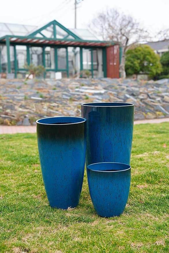 242111 Inch Large Plastic Planters with Drainage Hole and Saucer - Set of 3 Tall Plant Pots Indoor Flower Pot Tall Round Planters Outdoor Large Tall Planter