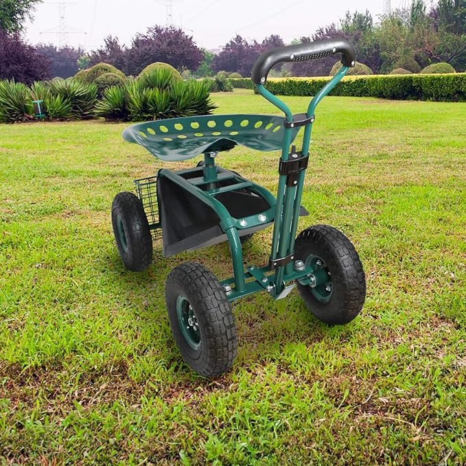 Garden Cart with Seat Rolling Garden Seat with Extendable Steer Handle Tool Tray and Storage Basket Garden Patio Wagon Scooter for Planting Indigo