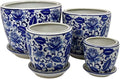 Planter with Saucer Set of 4 Vintage Blue Floral Print White Ceramic