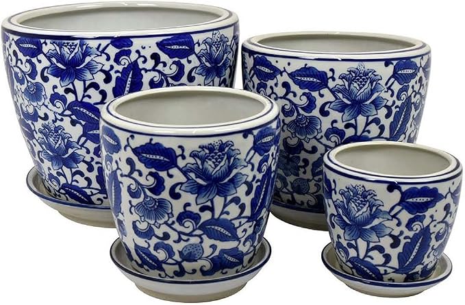 Planter with Saucer Set of 4 Vintage Blue Floral Print White Ceramic