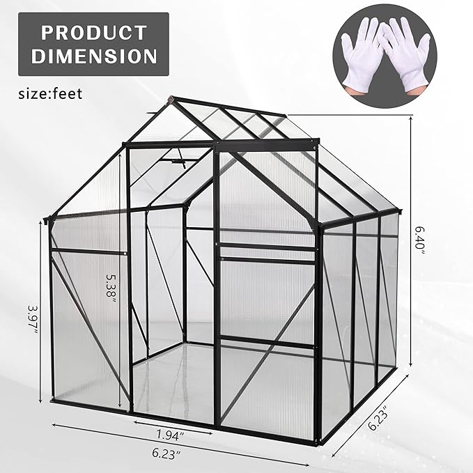 6 x 8 FT Outdoor Patio Greenhouse Walk-in Polycarbonate Greenhouse Adjustable Roof Vent &amp Rain Gutter for Plants&ampFlowers Garden Backyard (Green-6 x 8 FT)