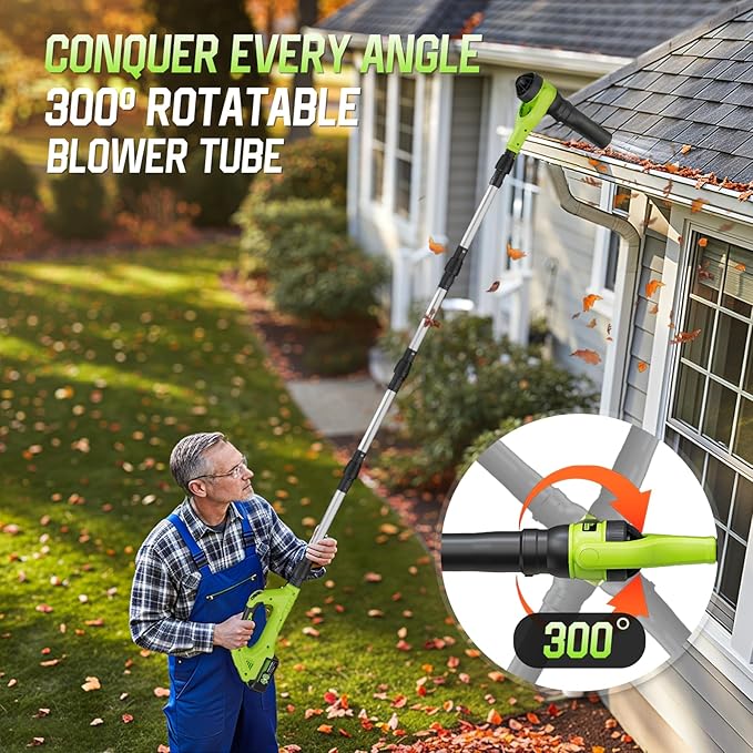 Leaf Blower Cordless 40V Leaf Blowers with 2 Battery Brushless 300° Rotatable Blower Tube with Adjustable Pole (98inch) 580CFM/180MPH &amp 2 Speed Gutter Cleaning Tools for GardenHouse