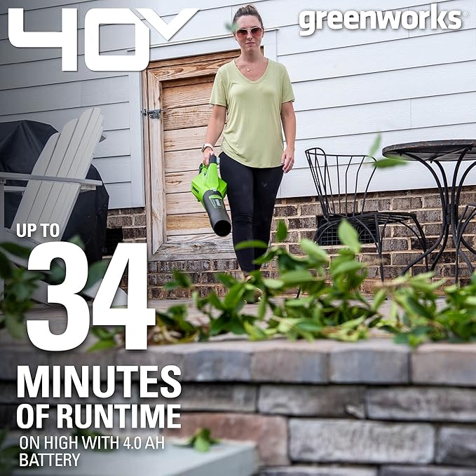 Greenworks 40V (120 MPH / 450 CFM / 75+ Compatible Tools) Cordless Axial Leaf Blower 4.0Ah Battery and Charger Included