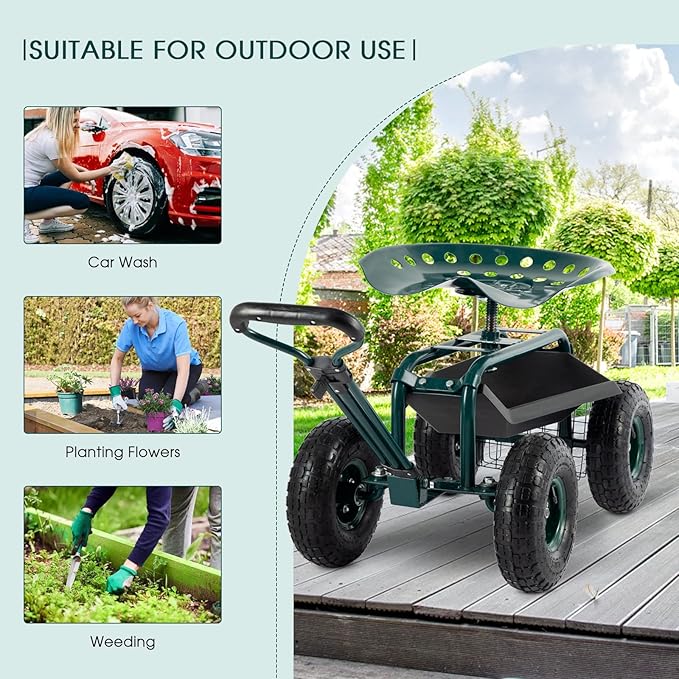 Garden Cart with Workseat Outdoor Gardening Carts with Seat Heavy Duty Rolling Garden Stools Scooter with Handle and Storage for Seniors Green