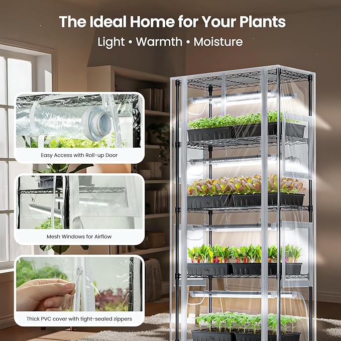 SOLIGT Indoor Greenhouse with Grow Lights - 5 Tier Plant Shelf &amp 8 x 2FT 6000K Full Spectrum Lights Thick PVC Cover Mesh Ventilation Mini Small Greenhouse Cabinet for Seed Starting Seedlings Gr