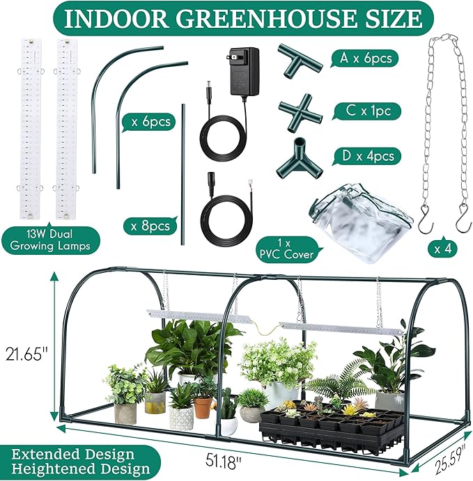 Meonum Mini Greenhouse with Grow Light 51.18 L x 25.59 W x 21.65 H Portable Greenhouses Waterproof UV-Resistant for Indoor/Outdoor Seed Starting(Dome Shape)