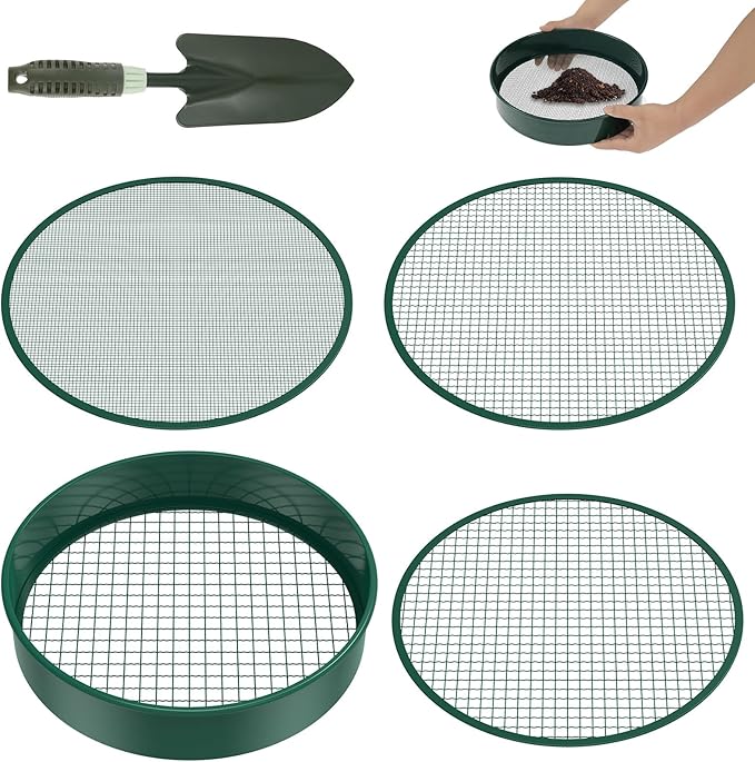 Soil Sifter for Gardening 12 Inch Dirt Garden Sieve Soil Sifter with 4 Replaceable Fine Screens and Shovel Rock Sieve Sifter Sifting Pan Soil Sieve Sifter Set