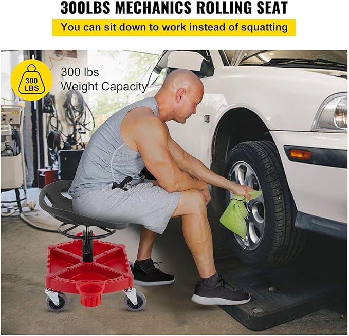 Rolling Garage Stool 300Lbs Capacity Adjustable Height 18-23In 360° Swivel Wheels 4 Large Tool Tray with Two Bottle Holders for Workshop Auto Repair Shop Red