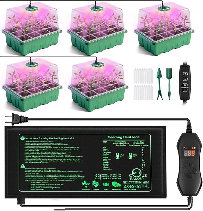YAUNGEL Seed Starter Tray with Grow Light Heat Mat with Thermostat 5 Pack Seed Starter Kit with Timing Controller Adjustable Brightness Thicken Seedling Starter Trays with Humidity Domes