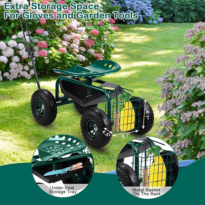 4-Wheel Rolling Garden Cart Work Seat with Tool Tray Heavy Duty Planting Cart Tools on Wheels Adjustable Steering Handle &amp Utility Tool TrayGardening Work-Seatfor Patio Yard and Outdoors Gr