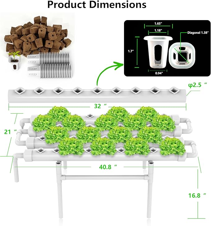 NFT Hydroponic Growing System Kit - 36 Plant Sites | Food-Grade PVC-U Pipes | Indoor/Outdoor Gardening with Auto Water Pump &amp Timer | Ideal for Leafy Greens Lettuce &amp Herbs