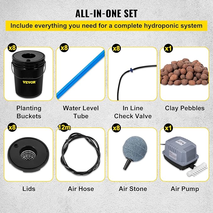 VEVOR DWC Hydroponic System 5 Gallon 8 Buckets Deep Water Culture Growing Bucket Hydroponics Grow Kit with Pump Air Stone and Water Level Device for Indoor/Outdoor Leafy Vegetables