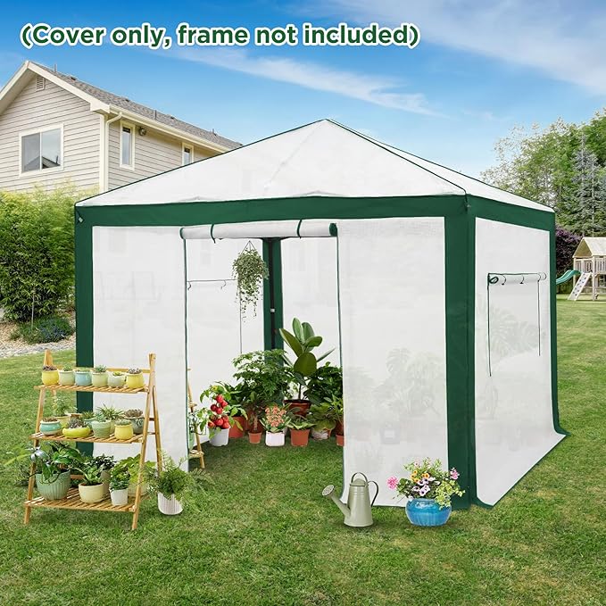 EAGLE PEAK Replacement Cover for 10x10 Pop up Greenhouse with Polyester Reinforced Corners Front and Rear Roll-Up Zipper Entry Doors and 2 Large Roll-Up Side Windows (Frame Not Included) Green/White