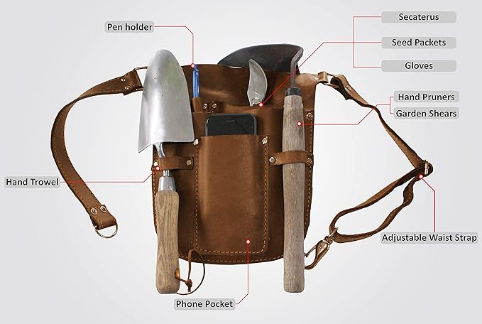 Rubys Collection™ Leather Garden Tool Belt- Gardening holster with pockets &amp Adjustable Waist Strap. Florist tool belt Leather Utility Belt &amp Women’s Garden Tool Pouch