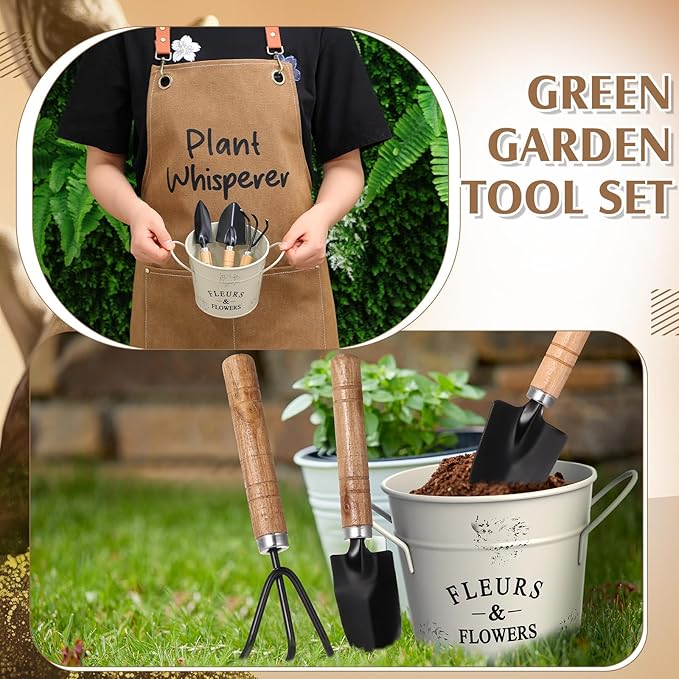 Tarpop Garden Tool Set Christmas Plant Whisperer Gardening Gifts for Women 7 Pcs Vegetable Planting Tool Kit Cap Canvas Apron Gloves Soil Scoop Transplant Trowel Cultivator Flower Tub(Brown)