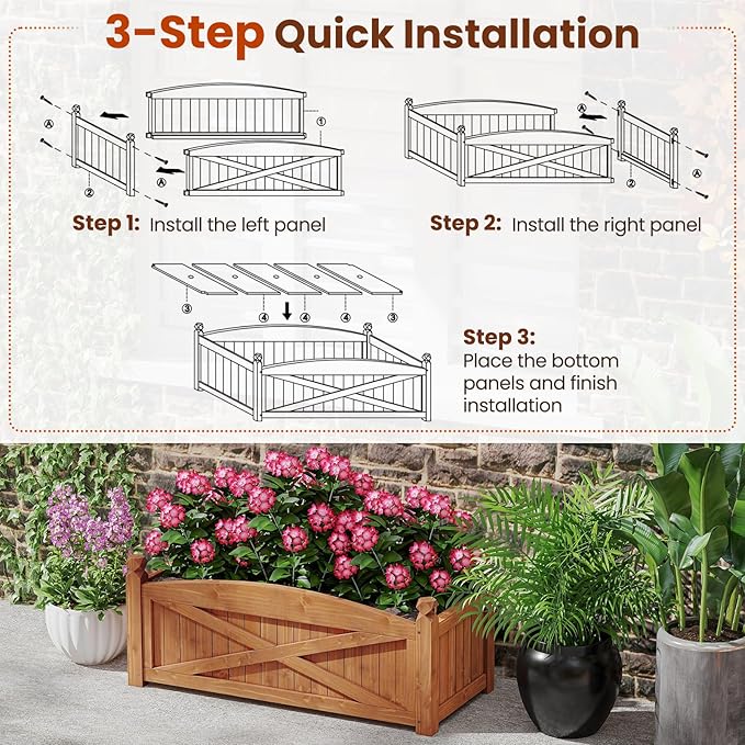 2 Pcs Raised Garden Bed 36”L x 16”W x 15”H Wooden Planter Boxes w/Drainage Holes &amp Removable Base Rectangular Garden Bed for Flowers Herbs Vegetables Fruits Patio Balcony Yard