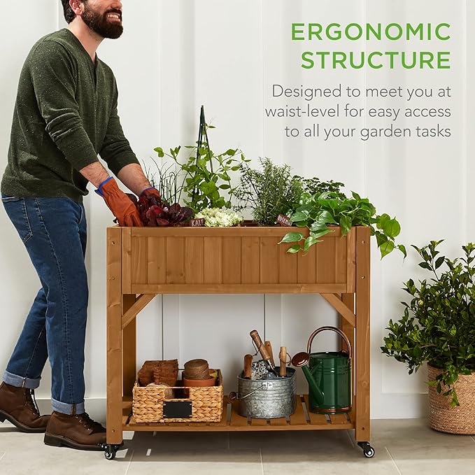 Best Choice Products Elevated 8 Pocket Herb Garden Bed Mobile Raised Customizable Wood Planter for Herbs Vegetables Flowers w/Lockable Wheels Storage Shelf Drainage Holes - Acorn Brown