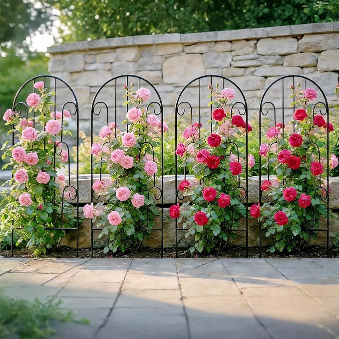4 Pack Arched Metal Garden Trellis for Climbing Plants 45 H x 15.9 W – Rustproof Iron Trellis with Decorative Scrollwork Metal Trellised Wire Lattices Grid Panels for Roses Clematis Vines