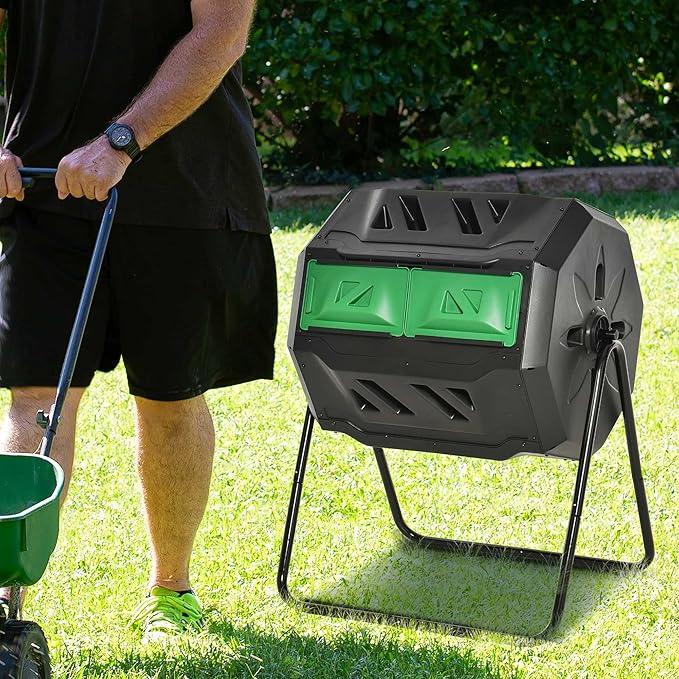 Compost Bin Outdoor 43 Gallon Dual Chamber Tumbling Composting with Sliding Doors Large Compost Tumbler Compost Bin for Garden Kitchen and Yard Waste Black+Green