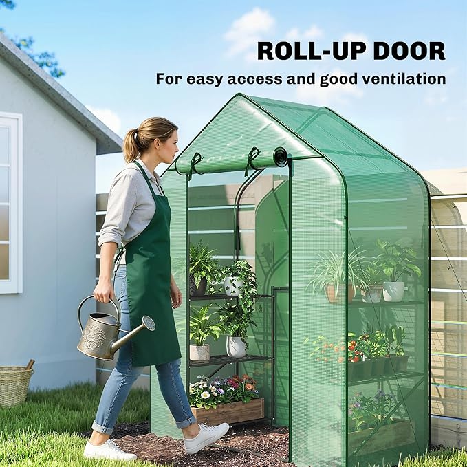 Outsunny 4.7' x 2.3' x 6.2' Small Greenhouse for Outdoors 3 Tiers 6 Shelves Portable Greenhouse with UV-Resistant PE Cover Walk-in Green House with Roll-Up Door Green