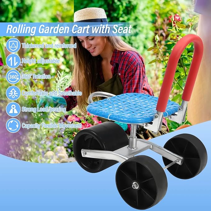 Rolling Garden Cart with Seat Yard Stool for Planting Rolling Scooter with 3 Wheels Adjustable Seat Height 360° Degree Swivel Yard Chair