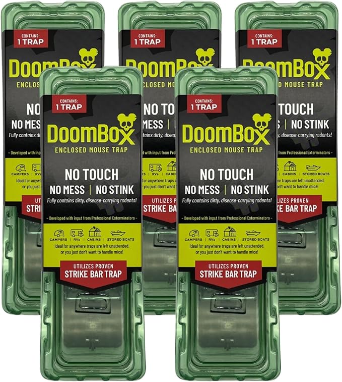 DoomBox™ Green Enclosed Mouse Trap | Keeps The Mess with The Mouse | Patented Click-It™ Closure Technology | Safe for Kids &amp Pets | Certified Child Resistant | Made in USA (5-Pack Green)