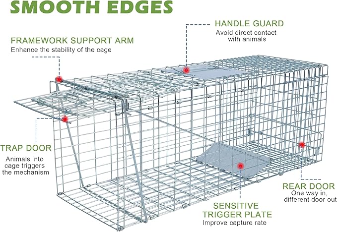 Live Animal Trap Cage with Cover &amp Gloves Cat Trap for Stray Cats 32 Inch Heavy Duty Folding Skunk Traps with Real Door for Raccoons Opossums Skunks Feral Cats Squirrels-(32 x 10 x 12 inches)