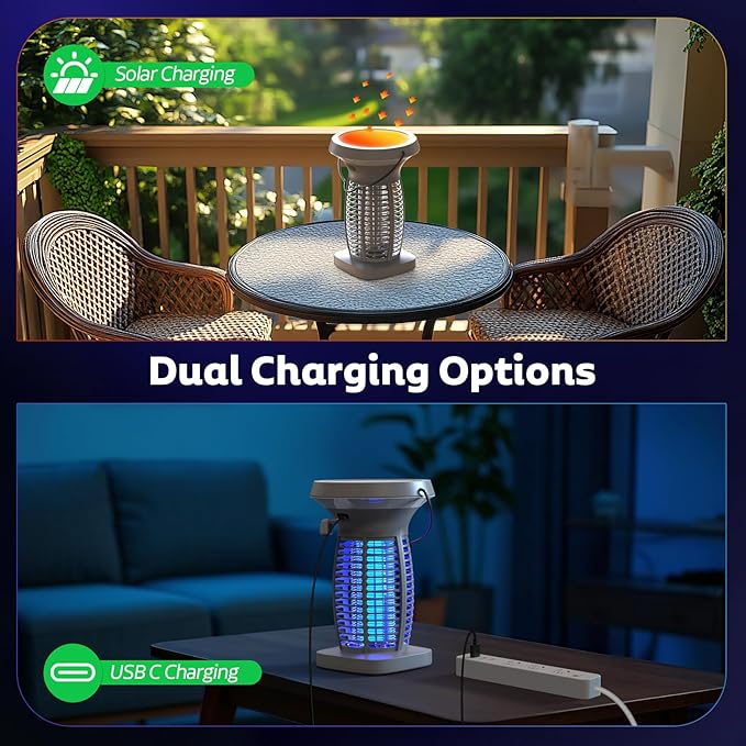 Solar Bug Zapper Outdoor Mosquito Zapper Outdoor Waterproof Electric Fly Zapper Rechargeable Mosquito Killer with Solar Panel 4200V Fly Trap Indoor for Home Backyard Patio Garden Camping