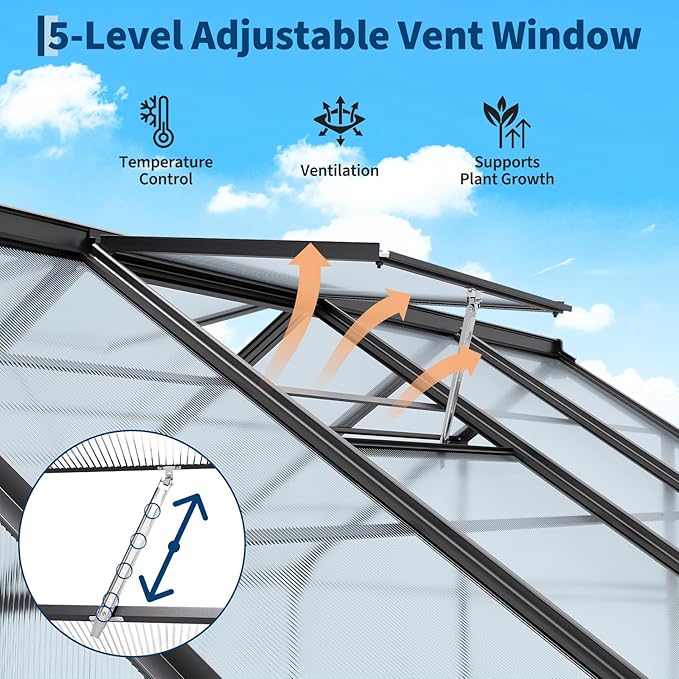 8x12 FT Polycarbonate GreenhouseLarge Walk-in SturdyOutdoor Aluminum Frame Greenhouse with Roof Vent Lockable Push Doorfor Garden Backyard Patio &amp Lawn(Black)