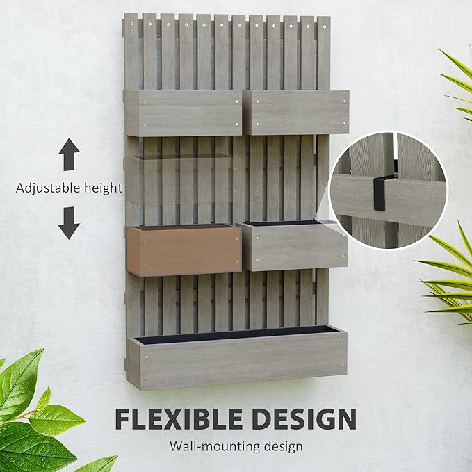 Outsunny 5 Box Raised Garden Bed with Trellis for Vine Flowers &amp Climbing Plants 39 Tall Wall-Mounted Wood Planter Box Set with Adjustable Height Drainage Hole Gray