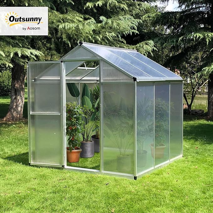 Outsunny 6' x 6' Greenhouse for Outdoors Polycarbonate Greenhouse with Rain Gutter and Roof Vent Aluminum Walk-in Green Houses for Outside Patio Backyard Garden