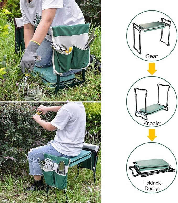 Foldable Garden Kneeler and Seat 2 in 1 Folding Stool with Large Tool Pouches Portable Foam Kneeling Pad Padded Seat Space Saving