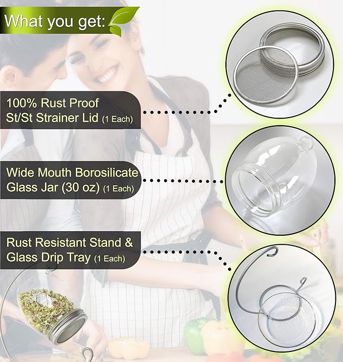 Premium Sprouting Jar Kit - Unique 30 oz Wide Mouth Sprouting Jar Stand Tray and 316 Stainless Screen Lid | Decorative Indoor Seed Sprouter and Germinator (1 Kit)