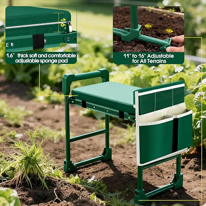 Garden Kneeler and Seat for Seniors: Heavy Duty 420 LBS Support Anti-Tip Multifunctional Gardening Stool Bench with Widened Thick Soft Kneeling Pad &ampTool Bag - Foldable for Gardeners