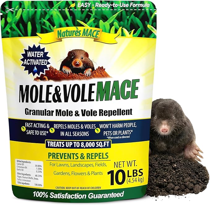 Nature's MACE Mole &amp Vole MACE – Yard &amp Garden Granules Castor Oil Formula Outdoor Use Plant &amp Pet Safe 160 Fl Oz (Pack of 1)