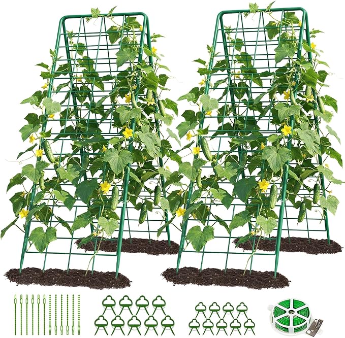DoCred Cucumber Trellis 59 H 2 Pack Metal Foldable Thickened A Frame Garden Trellis for Raised Bed Climbing Plants Vegetables Including Plant Support Clips Twist Ties Plastic Ties Green