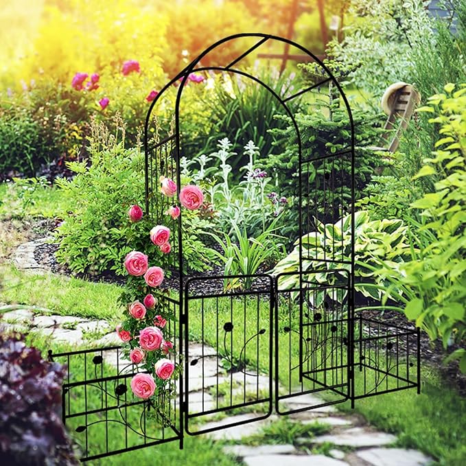 Metal Garden Arch with Double Gate 79.5 Wide x 86.6 High Black Outdoor Rose Trellis Climbing Plants Support Arbor with Side Planter Stands