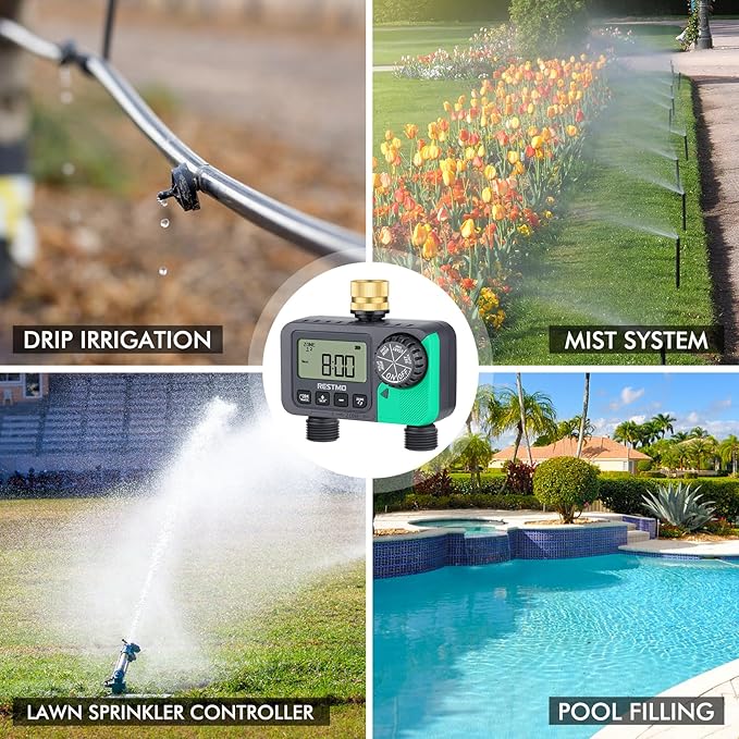RESTMO Water Timer for Garden Hose Sprinkler Timer with Brass Inlet Automatic Digital Control | Manual ON/Off | Rain Delay for Outdoor Faucet Drip Irrigation and Lawn 2 Outlet