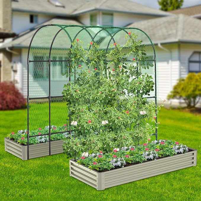 Garden Arch Trellis Metal Arch Trellis for Climbing Plants Outdoor Yard Garden Climbing Plants w/Decorative Wire Lattice - Black