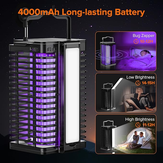 Bug Zapper Outdoor Indoor 4200V Electric Mosquito Zapper with LED Reading Lamp Rechargeable Fly Zapper Waterproof Insect Trap for Home Backyard Garden Patio Camping Black