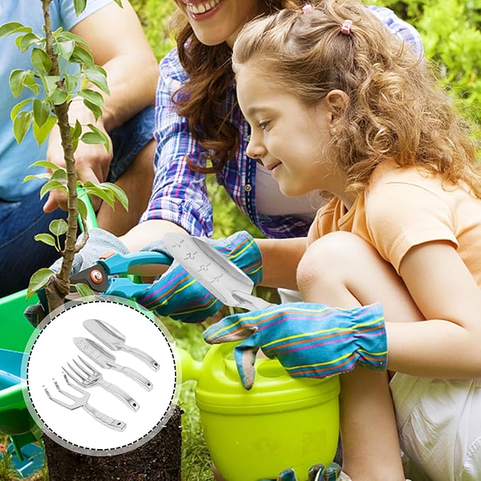 Garden Tool Set with Large Shovel Marked Trowel 3-Prong Rake and 4-Prong Cultivator – Multipurpose Outdoor Gardening Tools for Flower and Vegetable Planting Soil Loosening