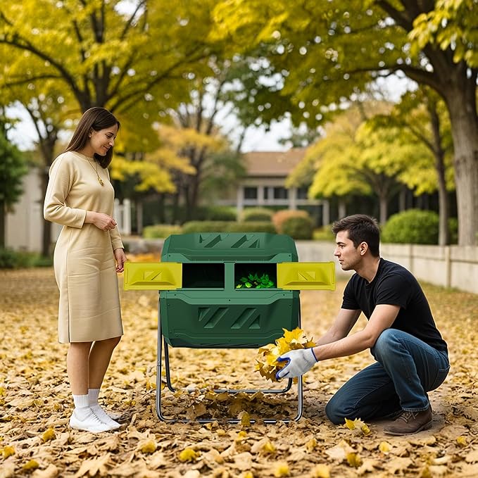 JupiterForce Outdoor Dual Chamber Compost Tumbler 43 Gallon Large Compost Bin Outdoor 360° Rotating Tumbling Composter with 2 Sliding Doors for Kitchen Garden and Yard Waste Green (BPA Free)