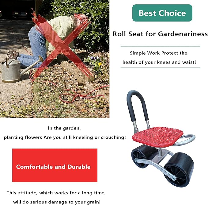 Wheeled Work Stool with Adjustable Swivel Seat Suitable for Weeding Gardening and Outdoor Lawn Care Garden Cart (A)