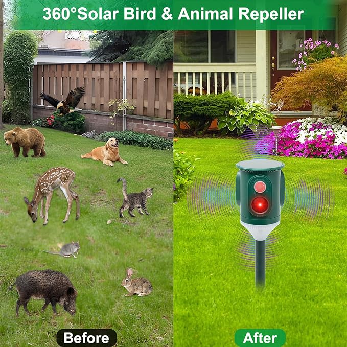 Solar Ultrasonic Animal Repellent Outdoor 360° Motion Activated Pest Deterrent with Strobe Light Waterproof Garden Protection for Cats Dogs Squirrels RaccoonsSkunks Rabbits Coyotes